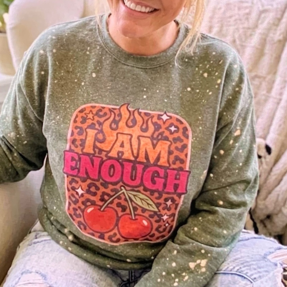Green I Am Enough Sweatshirt with Cherry Design Small-3X